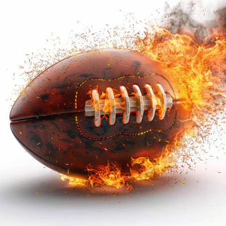 American football ball flying on fire isolated on white background.の素材