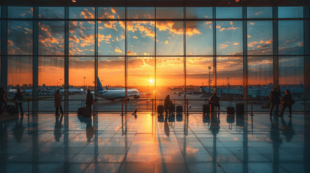 busy airport terminal with travelers.の素材