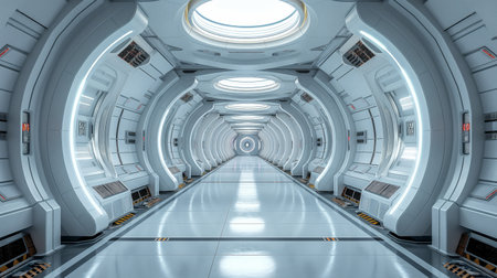 futuristic spaceship interior with white walls and windows.の素材