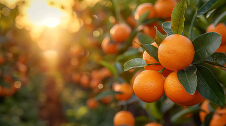 garden with orange trees at sunset.の素材