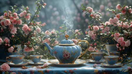 wonderful teapot and cups with hot tea in garden.の素材