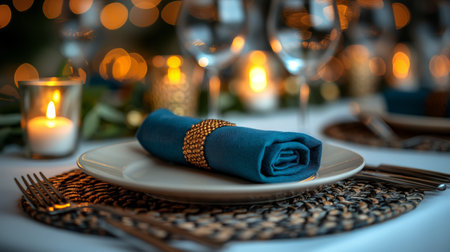 elegant table setting with green napkin and cutlery.の素材