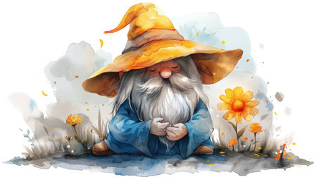 cheerful garden dwarf holding a flower.の素材