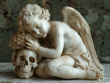 cherub angel flying holding a skull, stone sculpture.の素材