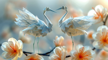 close up of two white origami cranes.の素材