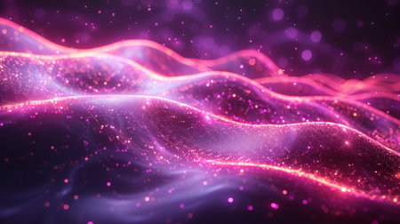 digital purple particles wave and light abstract background.の素材