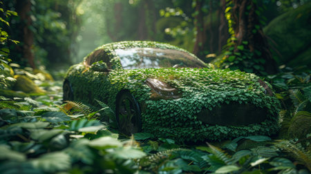 car covered by green leaves, concept of electric car.の素材