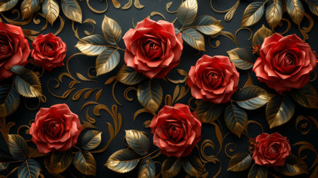 Fabric pattern with red roses and gold ornaments on the black background.の素材