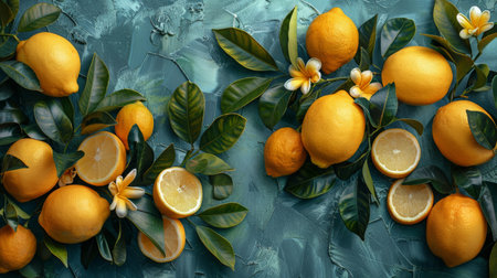 lemons on the blue background.の素材