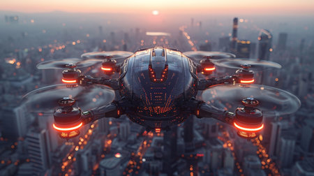 futuristic roto passenger drone flying in the sky over city.の素材