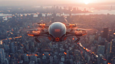 futuristic roto passenger drone flying in the sky over city.の素材