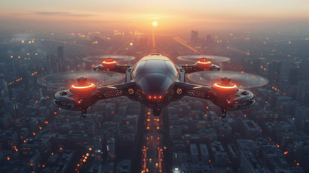 futuristic roto passenger drone flying in the sky over city.の素材