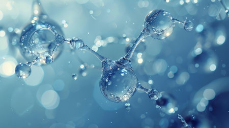 3d illustration of molecule structure with water drops. Science background.の素材