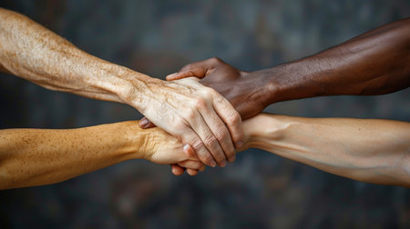 Hands of different ethnicities coming together in unity.の素材
