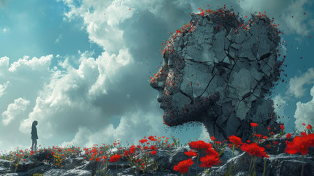 Imagination of surreal scene flower with human head.の素材