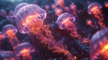 glowing jellyfish in the deep water.の素材