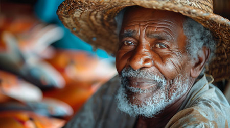 portrait of an elderly fisherman holding a large catch.の素材