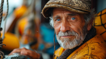 portrait of an elderly fisherman holding a large catch.の素材