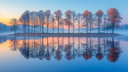 line of trees reflected on a lake at dusk.の素材