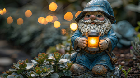 statue of a cheerful gnome holding a flashlight, standing in a garden.の素材