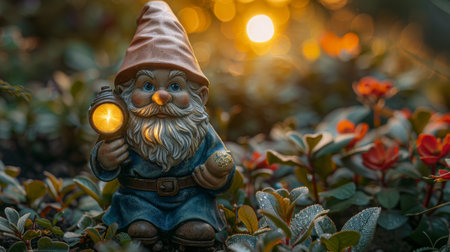 statue of a cheerful gnome holding a flashlight, standing in a garden.の素材