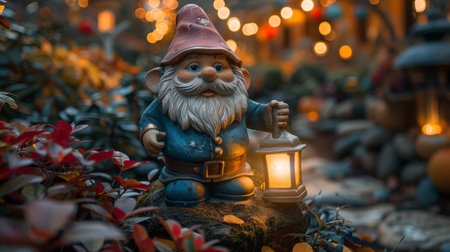 statue of a cheerful gnome holding a flashlight, standing in a garden.の素材