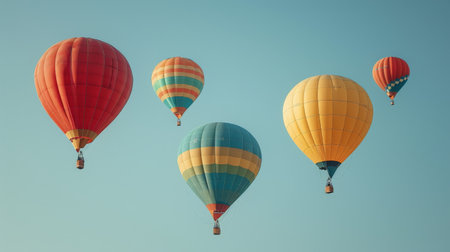Colorful hot air balloons floating against a clear sky.の素材