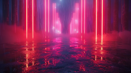 abstract black background with pink and blue neon lines.の素材