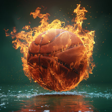 basketball on fire isolated on green background.の素材