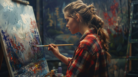 Young artist painting on canvas.の素材