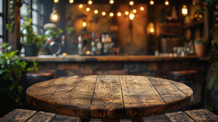 Wooden round table and pub or bar blur background.の素材