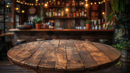 Wooden round table and pub or bar blur background.の素材