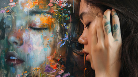 Young artist painting on canvas.の素材