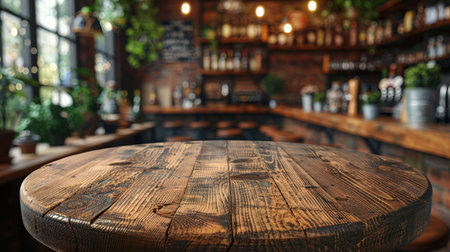 Wooden round table and pub or bar blur background.の素材