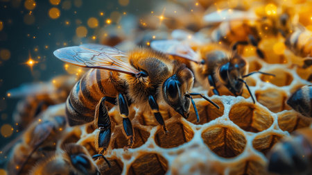 close up of bees with honeycomb.の素材