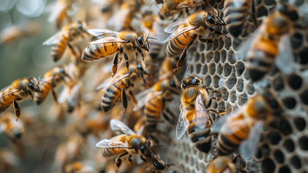 close up of bees with honeycomb.の素材