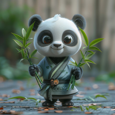cute panda character with bamboo.の素材