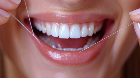 close up of teeth and dental floss.の素材
