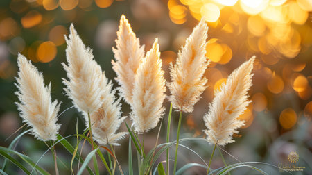 feathery pampas grass against a warm background.の素材