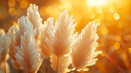 feathery pampas grass against a warm background.の素材