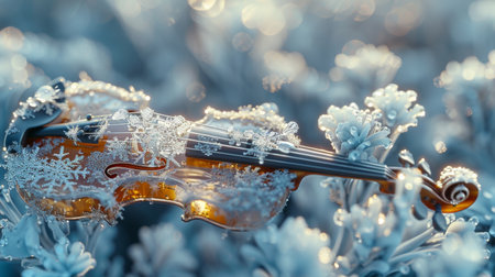violin with snowflakes on a snow background.の素材