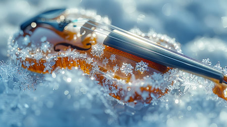 violin with snowflakes on a snow background.の素材