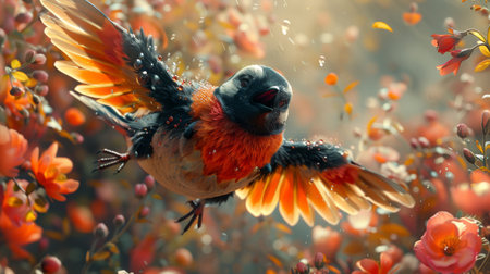 penguin running in flowers.の素材