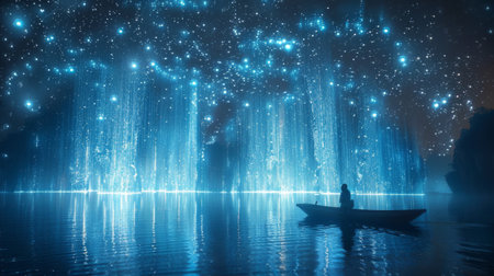 night scene with glowing waterfall.の素材