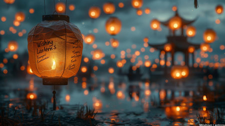 paper lanterns ascend into the sky.の素材