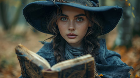 young woman in a witch hat conjures magic.の素材