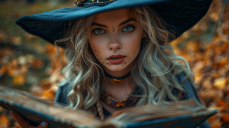 young woman in a witch hat conjures magic.の素材