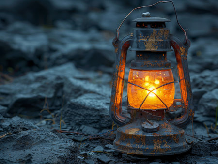 miner lamp with little firearound on gray stone background.の素材