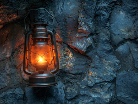 miner lamp with little firearound on gray stone background.の素材