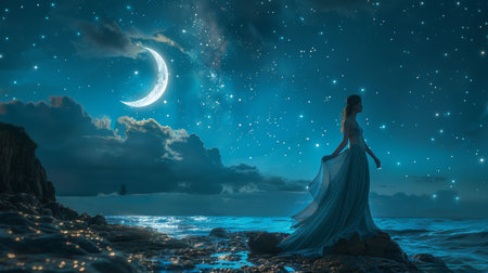 fantasy girl in the sea on a starry moon background.の素材